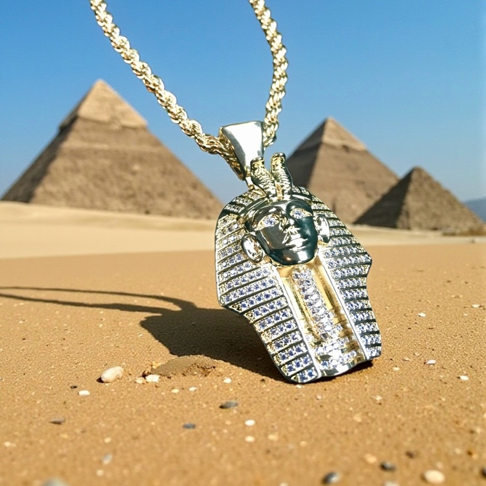 DE ROSSI PHARAOH PENDANT 18K GOLD CHAIN NECKLACE LAB DIAMONDS MADE IN ITALY